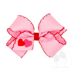 Medium Valentine Heart Embroidered Grosgrain Hair Bow with Moonstitch Edge
