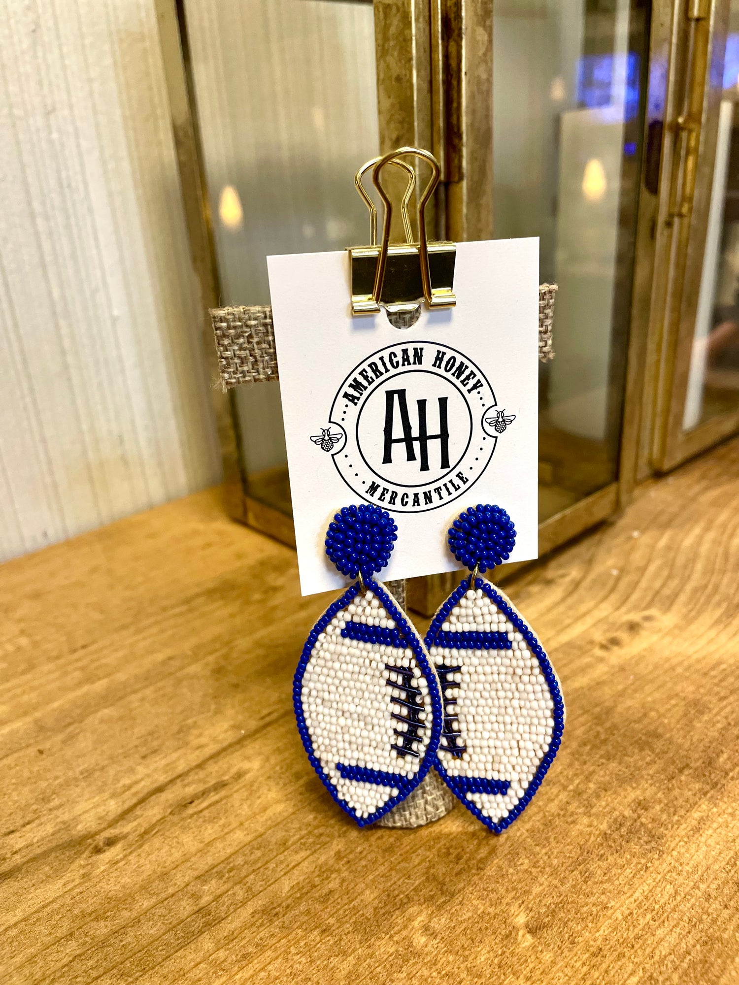 Blue Football Seed Bead Earrings