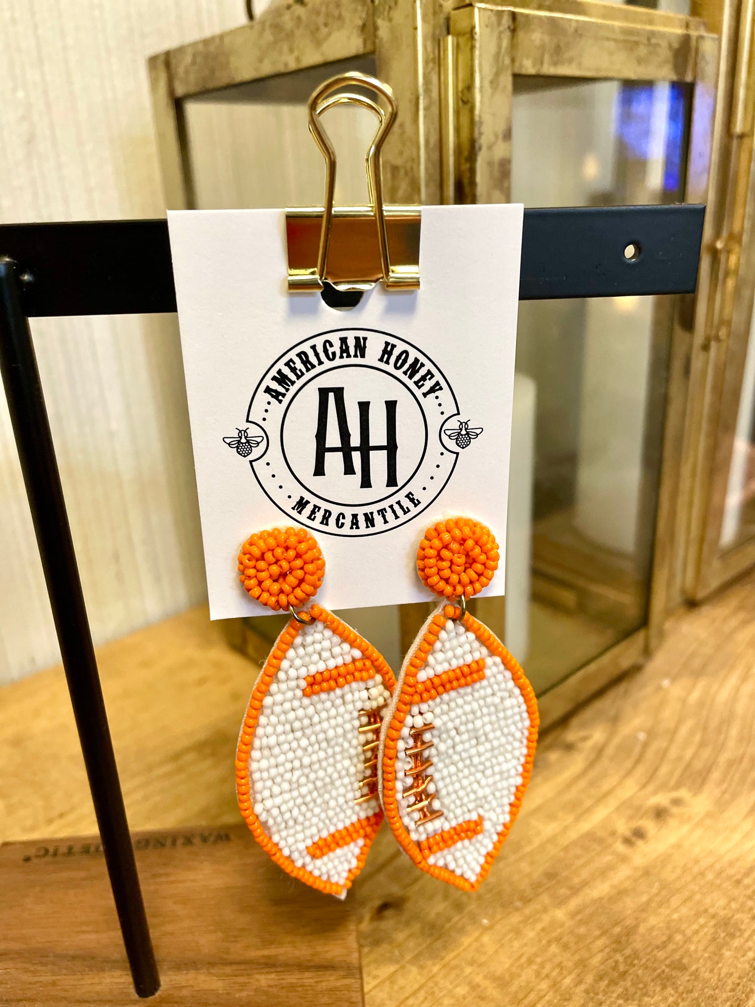 Orange Football Seed Bead Earrings