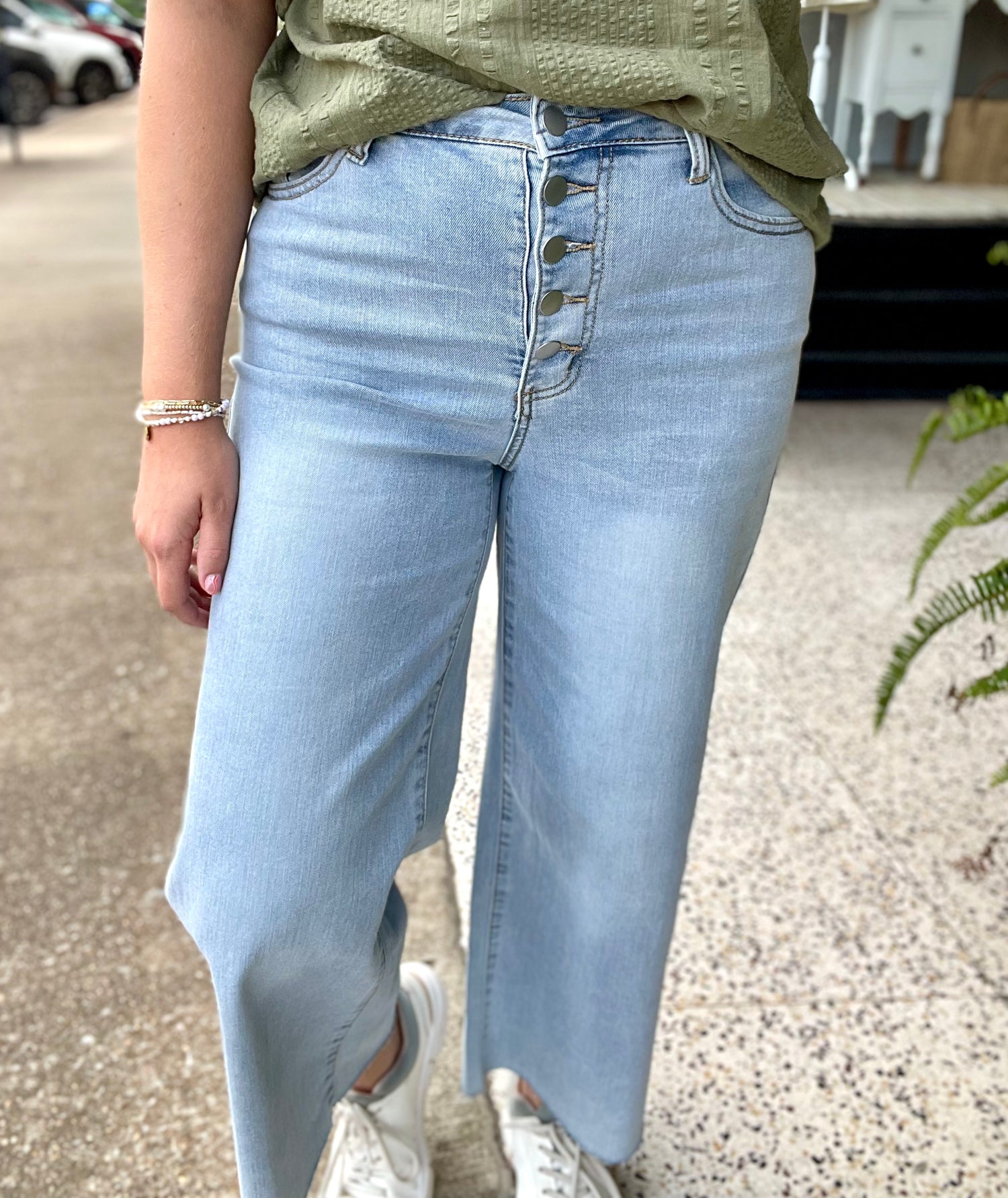 Button Front Stretch Pant Lt Denim