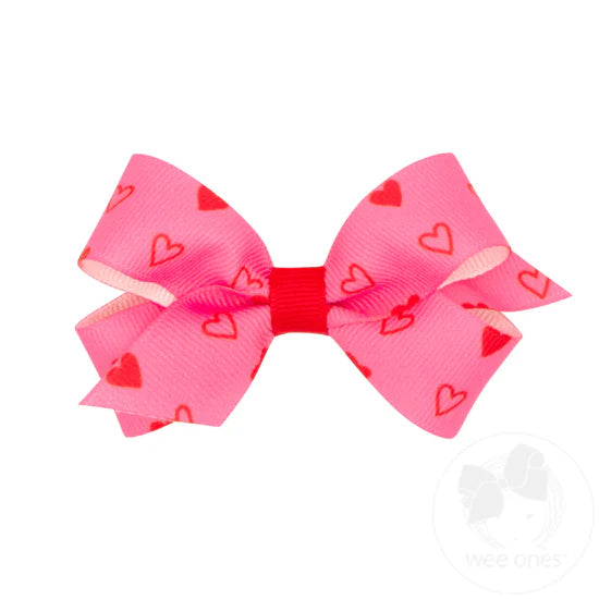 Mini Valentine Heart Print Grosgrain Girls Hair Bow