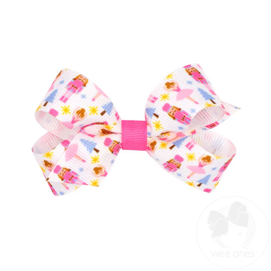 Mini Holiday-themed Pink Nutcracker Printed Grosgrain Hair Bow