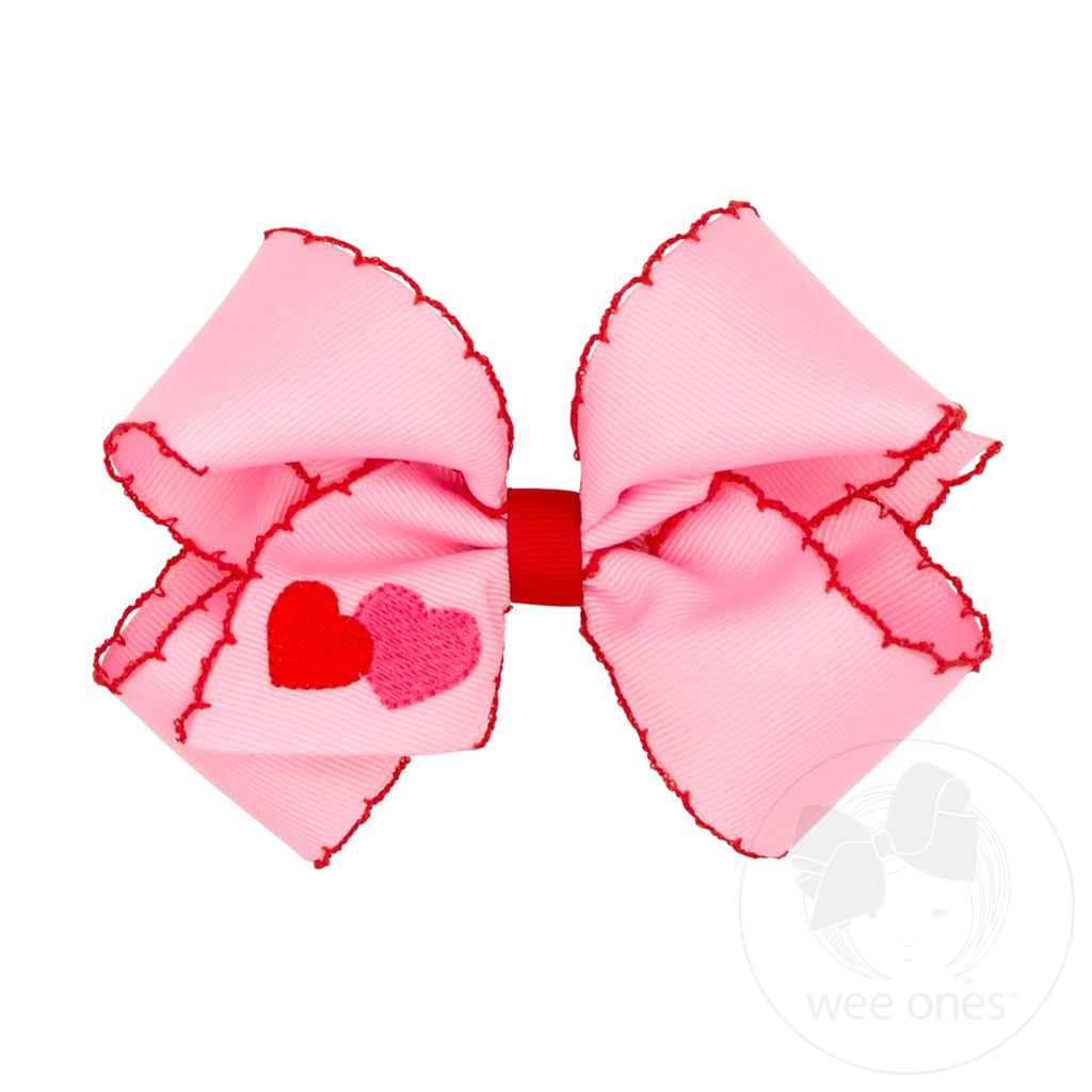 Medium Valentine Heart Embroidered Grosgrain Hair Bow with Moonstitch Edge