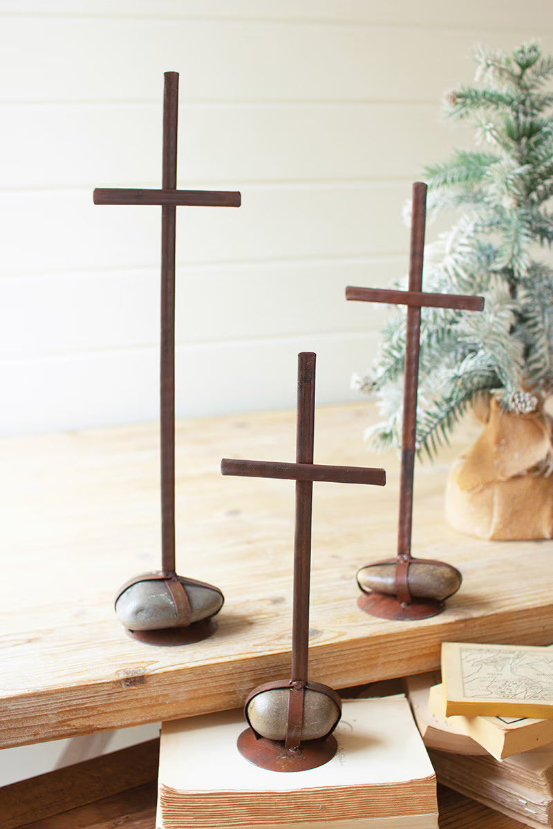 Scrap Metal Crosses with Caged Rock Bases