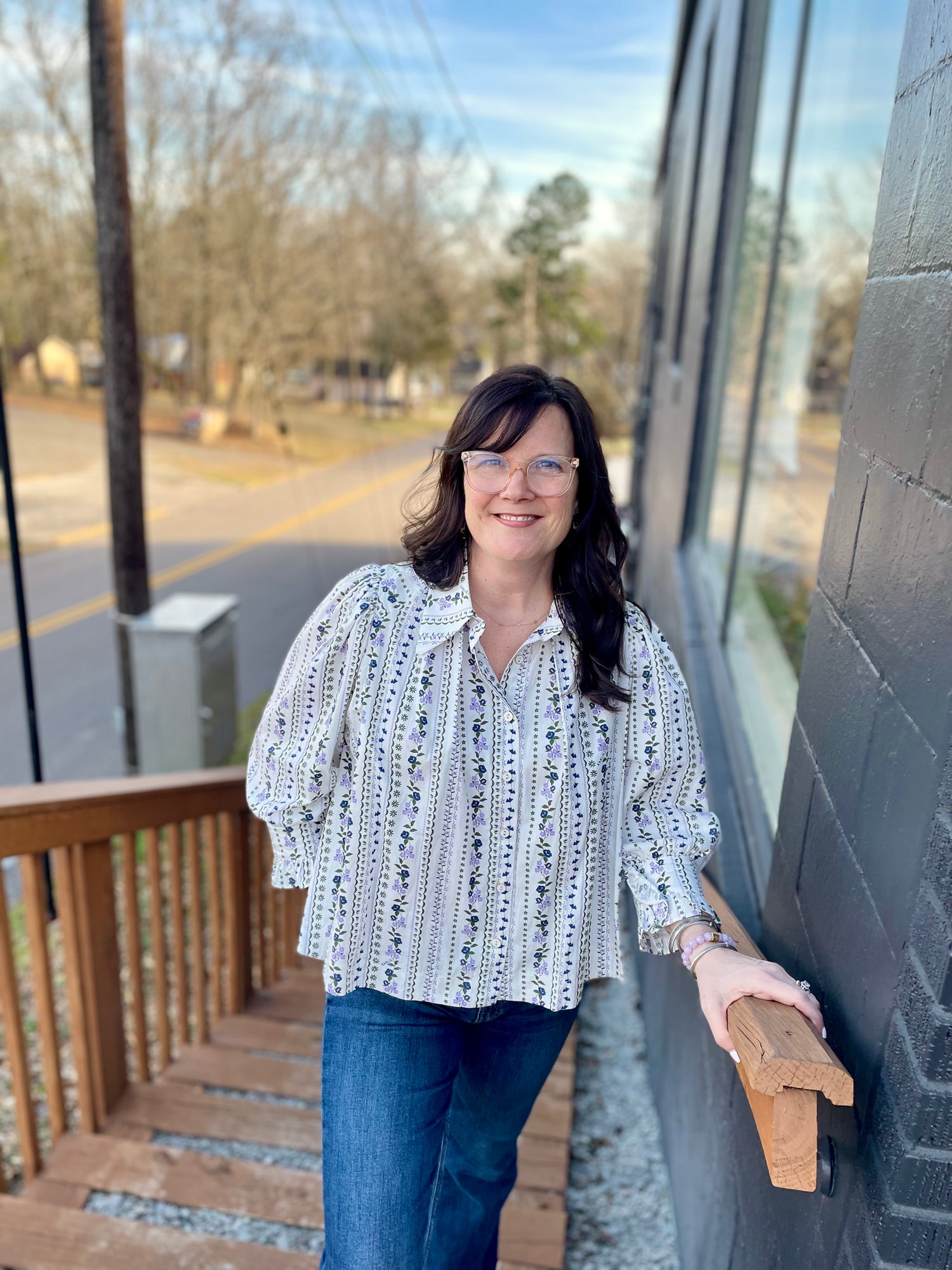 French Floral Button Up Puff Sleeve Top