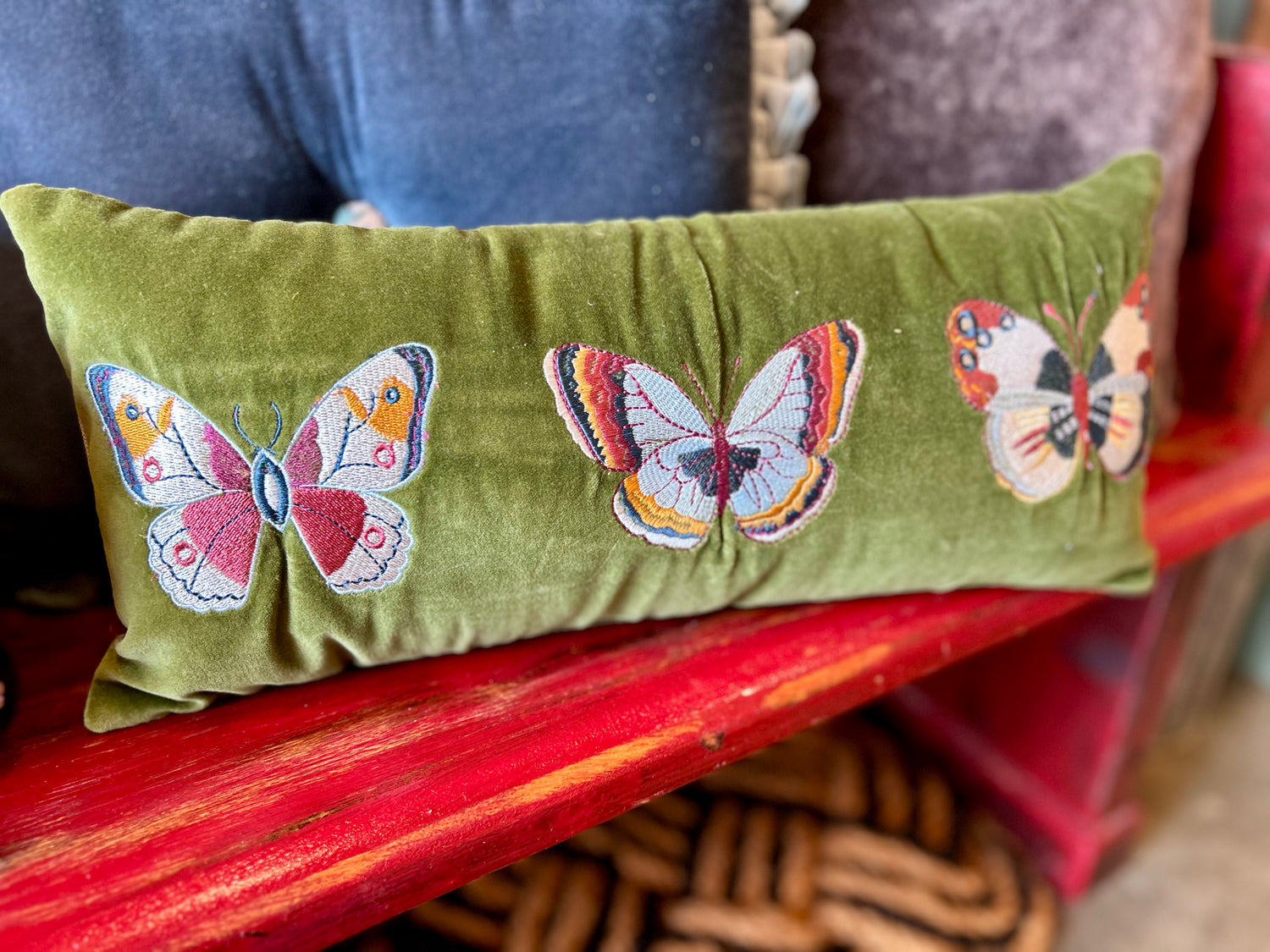 Embroidered Butterflies Lumbar Pillow