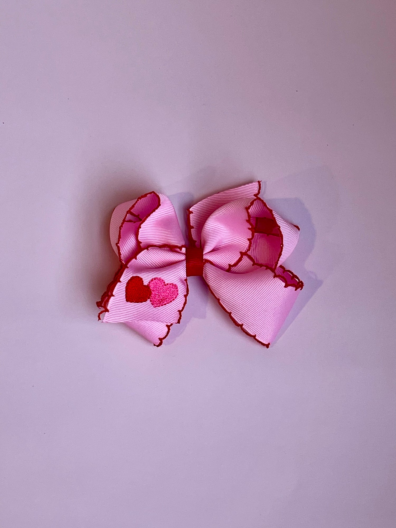 Medium Valentine Heart Embroidered Grosgrain Hair Bow with Moonstitch Edge