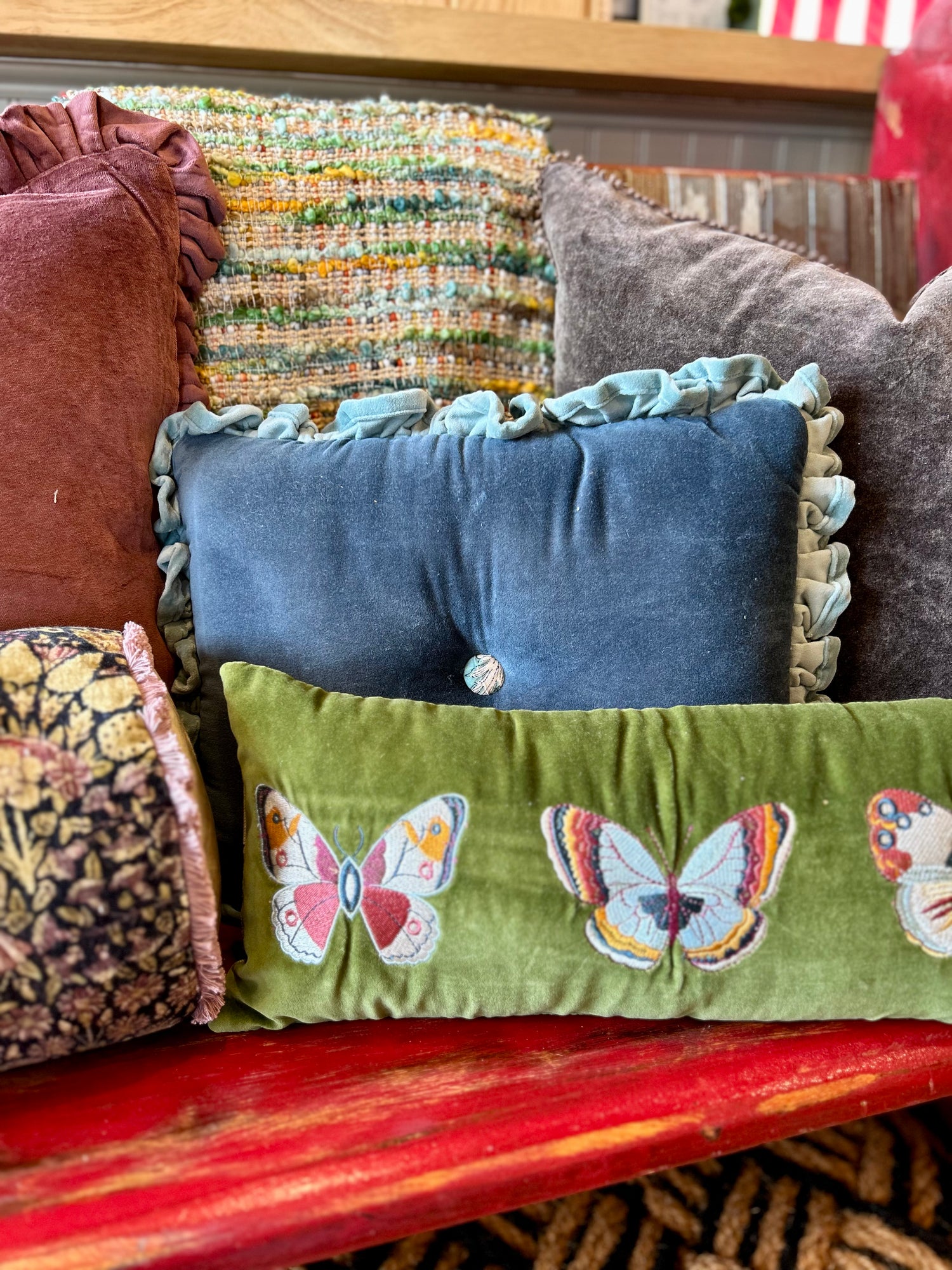 Embroidered Butterflies Lumbar Pillow