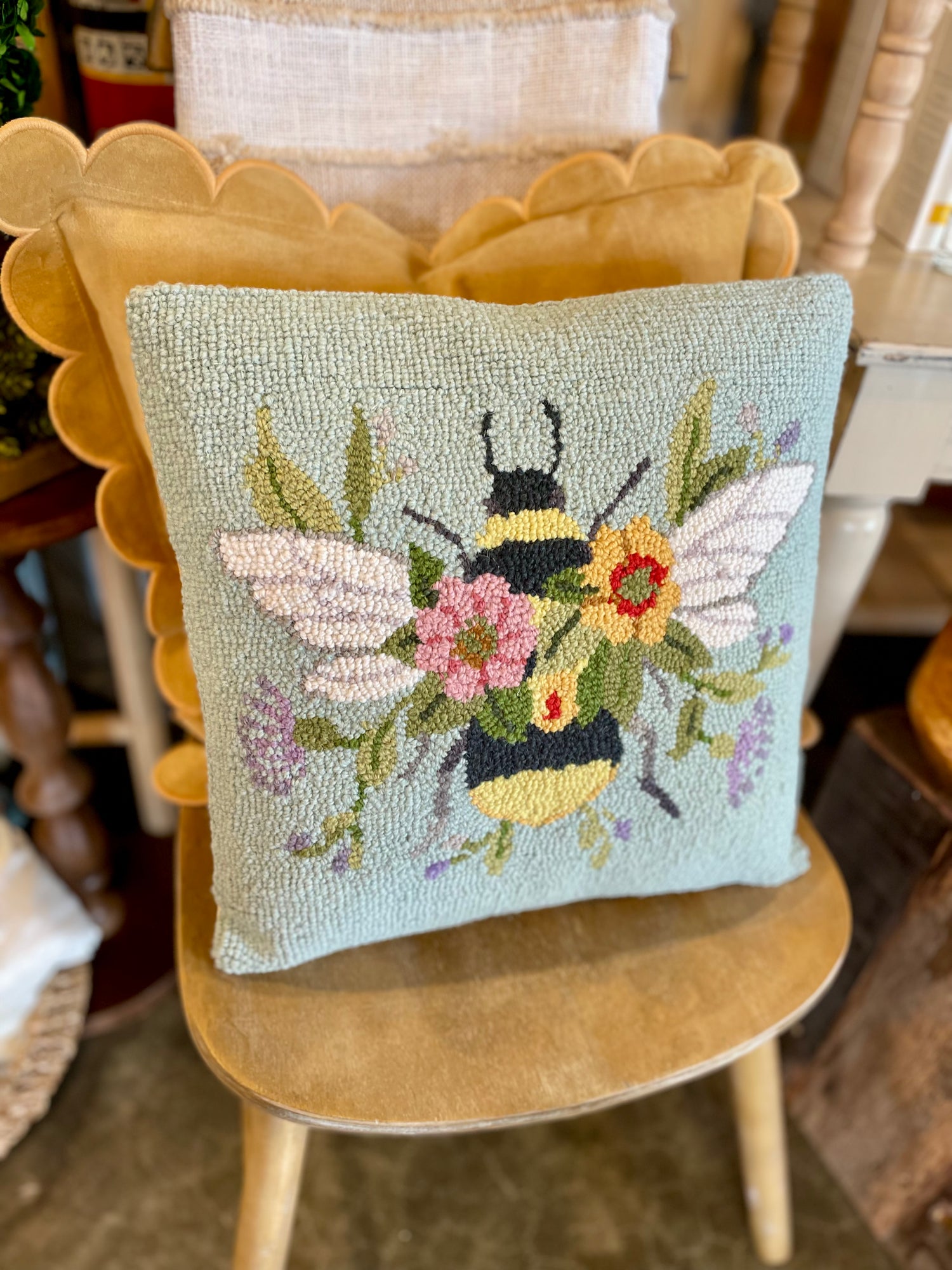 Floral Bee Over Flowers Pillow
