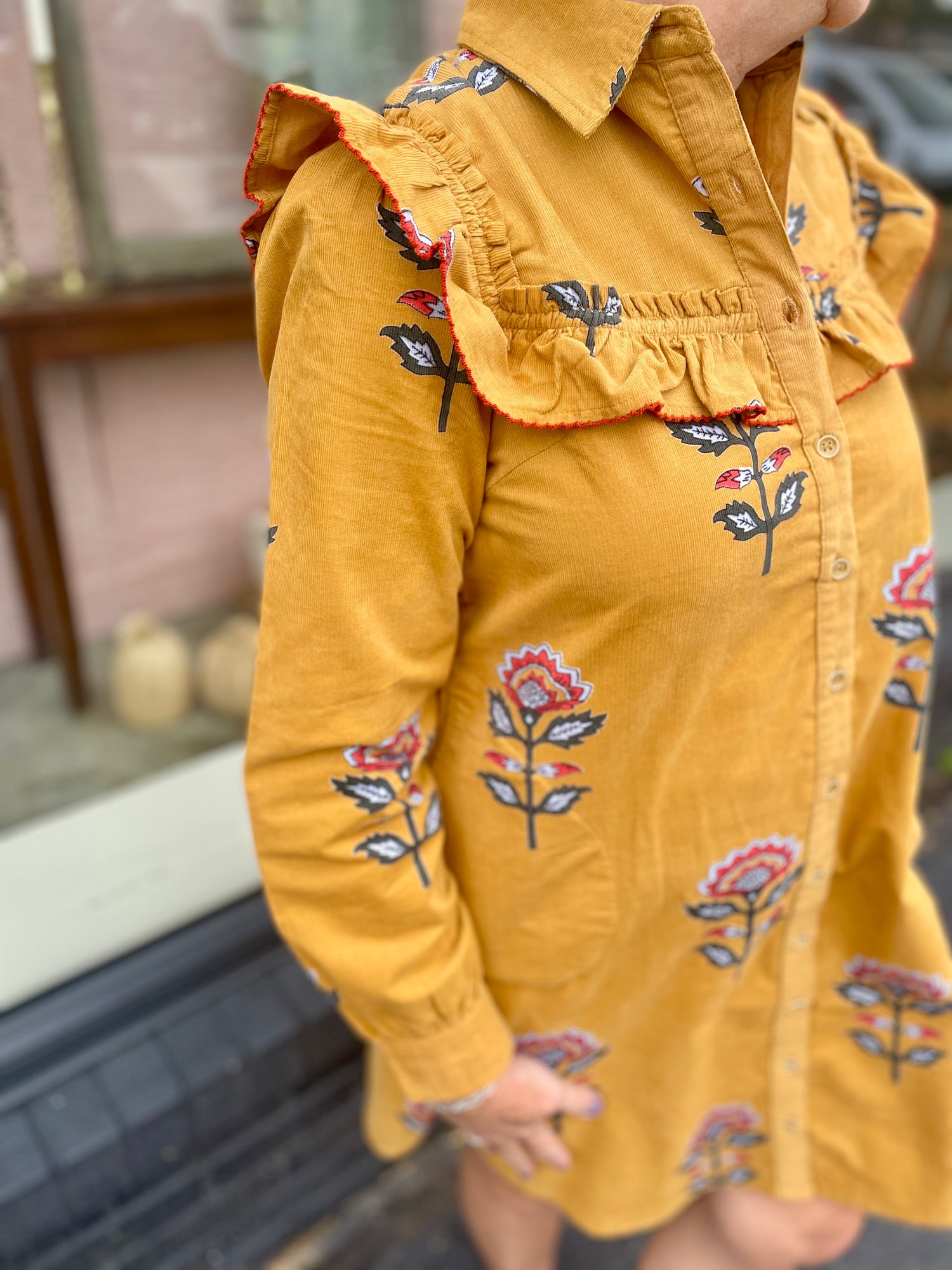 Ruffled Yoke Shirtdress