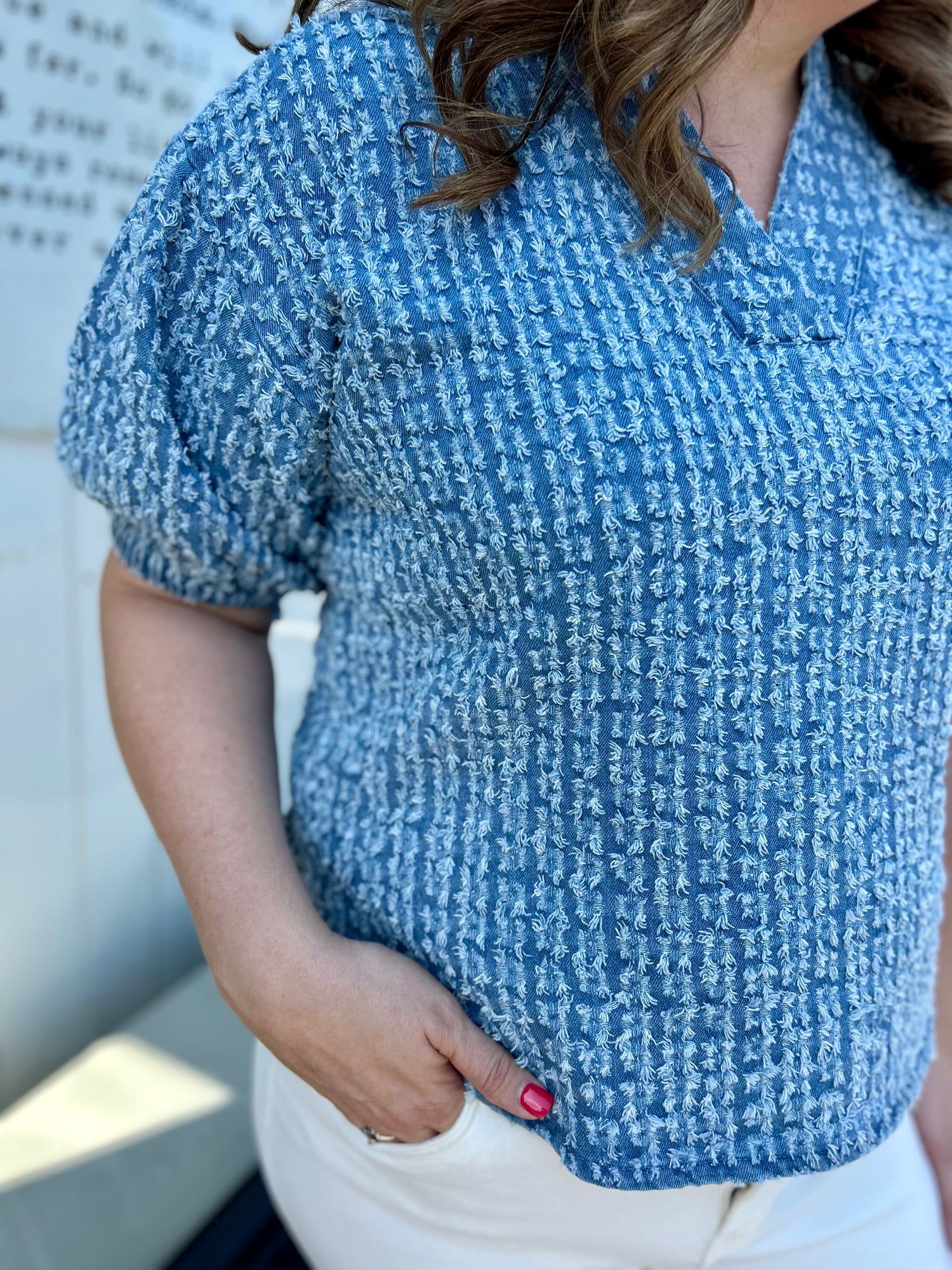 Distressed Denim Popover Top