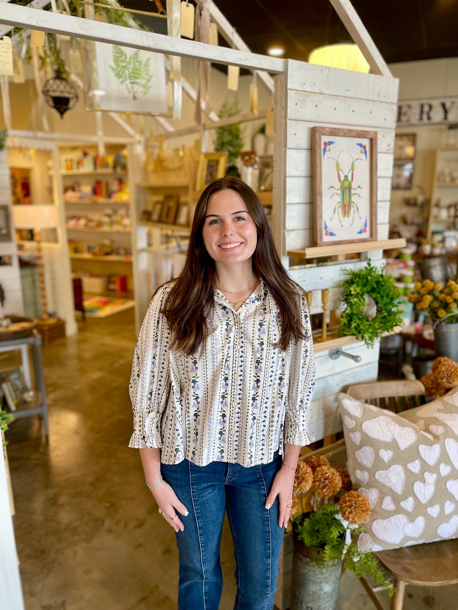 French Floral Button Up Puff Sleeve Top