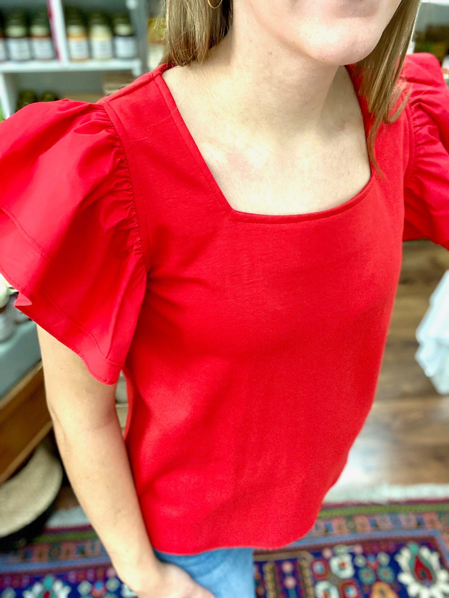 Ruffle Layer Shoulder Top Red