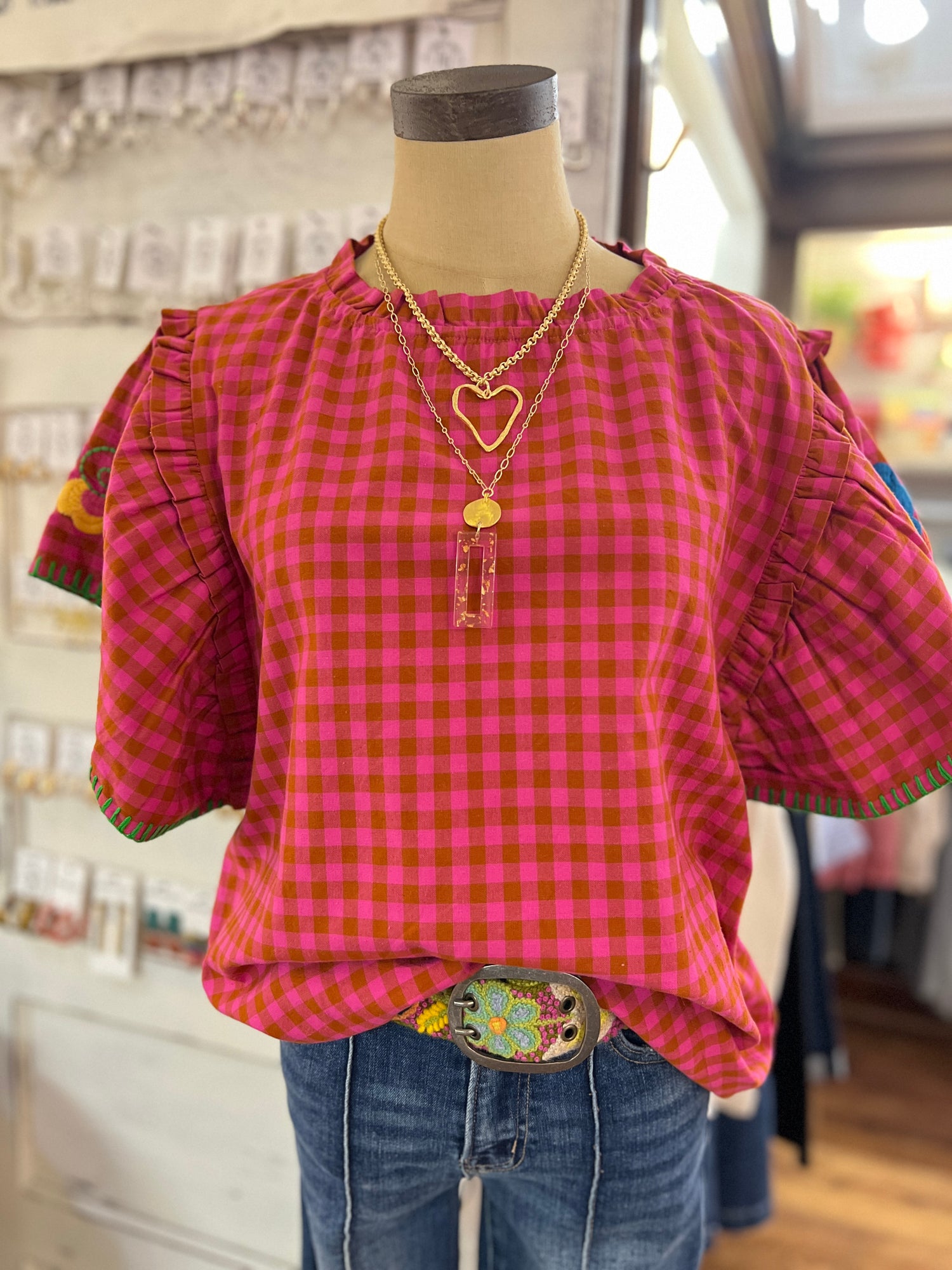 Ivy Jane Flower Embroidered Check Top