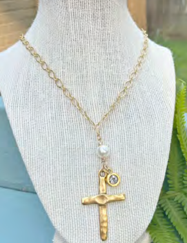 Kitzi Cross + Pearl Necklace