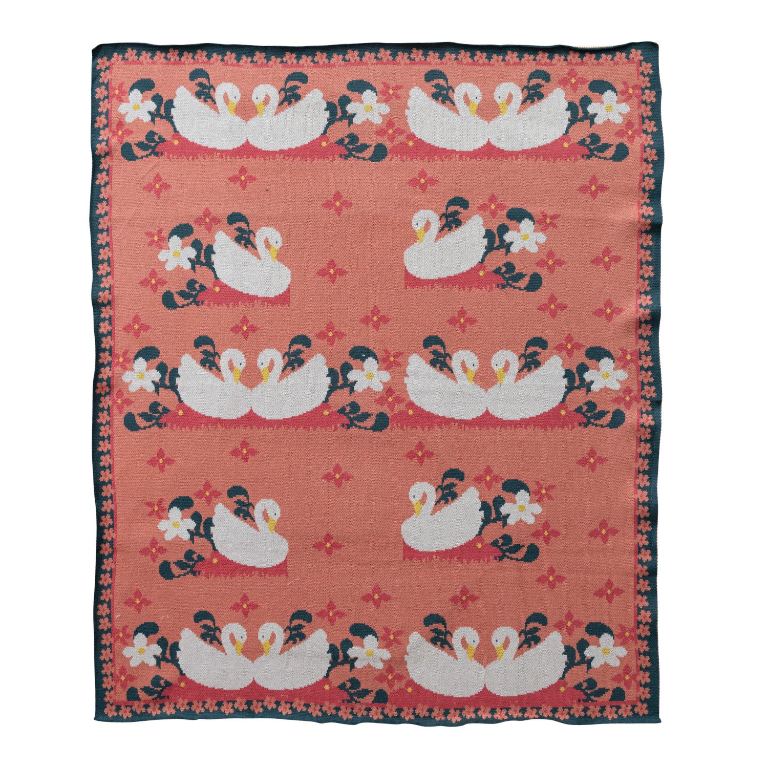 Cotton Knit Baby Blanket with Swans & Flowers
