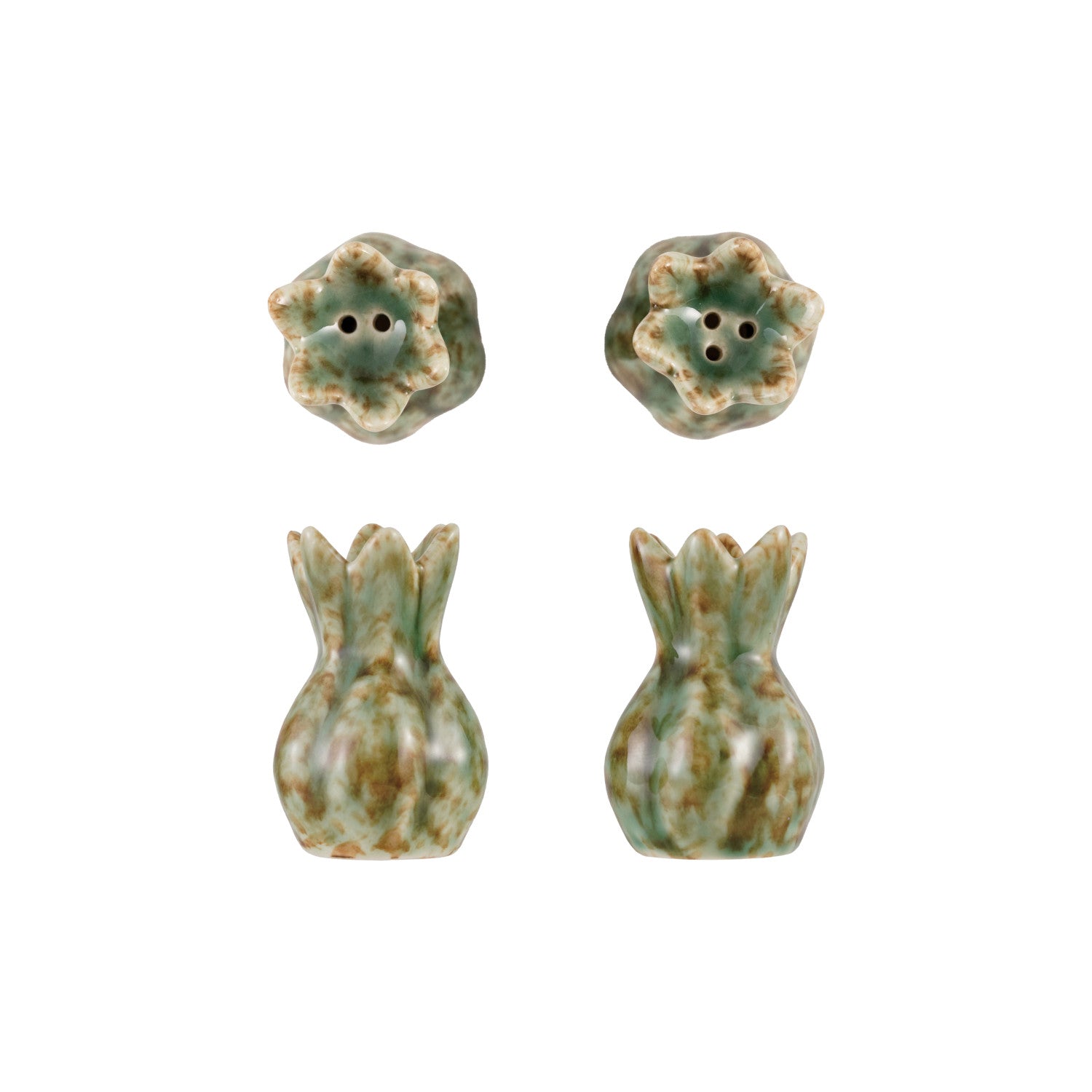 Stoneware Flower Shaped Salt & Pepper Shakers, Green, Set of 2 (Each One Will Vary)